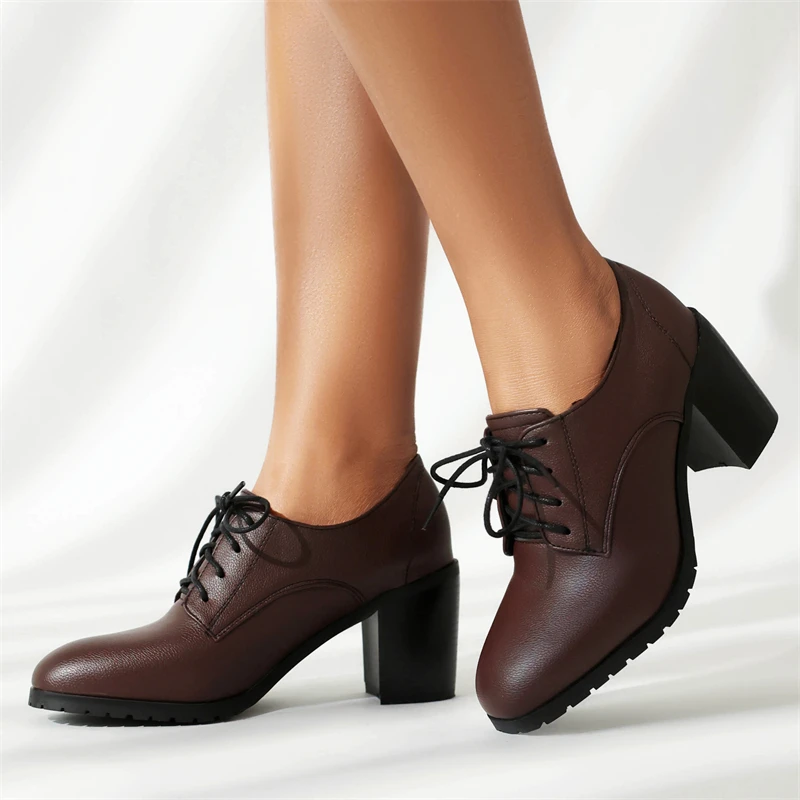 

Повседневные туфли-лодочки на высоком каблуке, лоферы, коричневые, черные женские туфли-оксфорды на каблуке со шнуровкой, повседневные вечерние офисные туфли-оксфорды, большой размер 45,