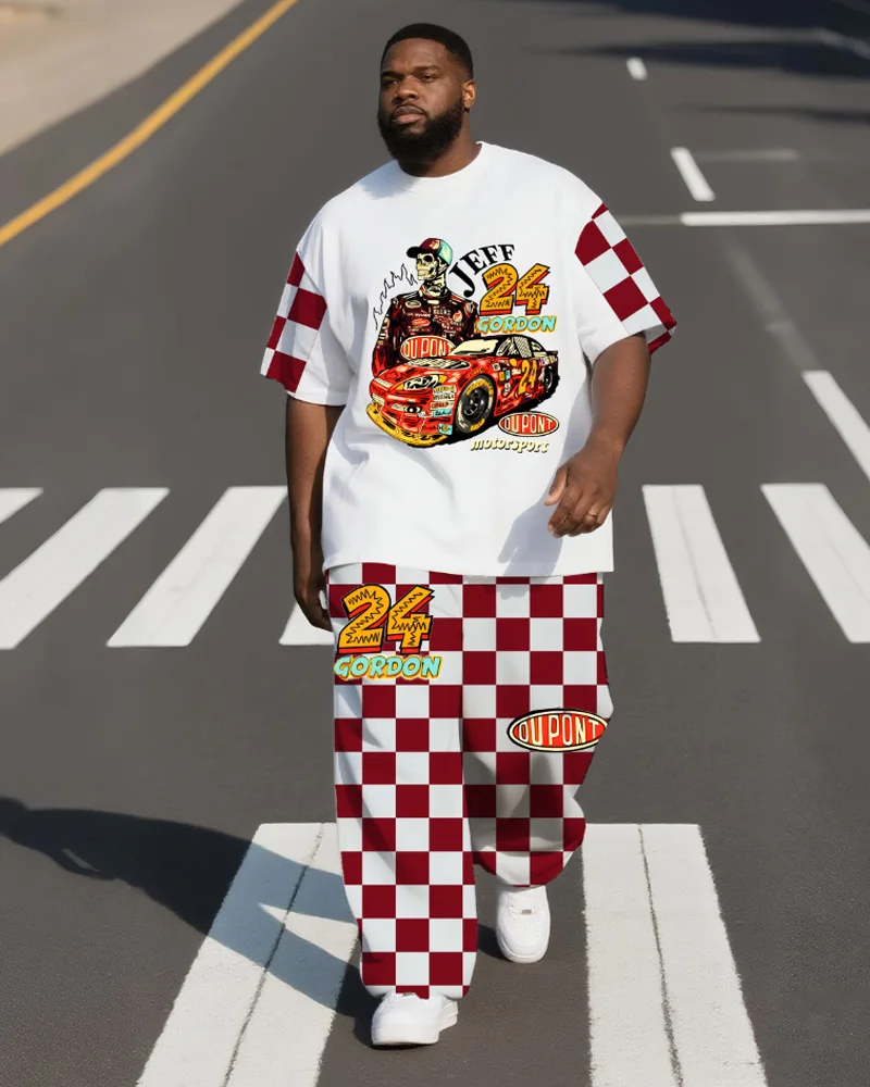 

S-9XL Мужская футболка больших размеров в стиле хип-хоп, уличная американская ретро-гоночная футболка с короткими рукавами и брюки, комплект из двух предметов