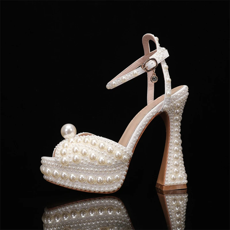 2024 New Fish Mouth Full Pearl High Heels Summer 14cm Thick Heel Water Diamond Pearl Women Sandals Bridal Wedding Shoes Size 43