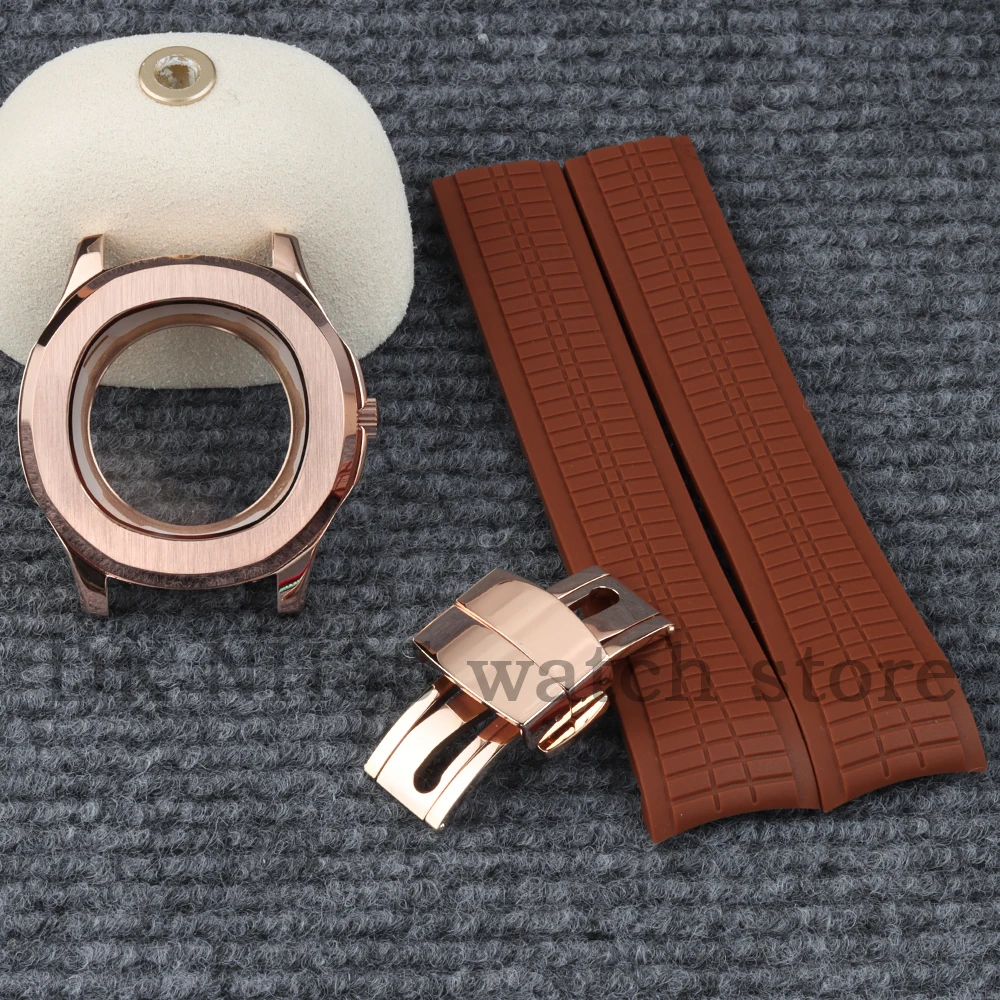 

Rose Gold 42mm Watch Case Fit Aquanaut Stainless Steel Men's Case For Seiko NH35 NH36 NH38 Movement Waterproof Rubber Bracelet