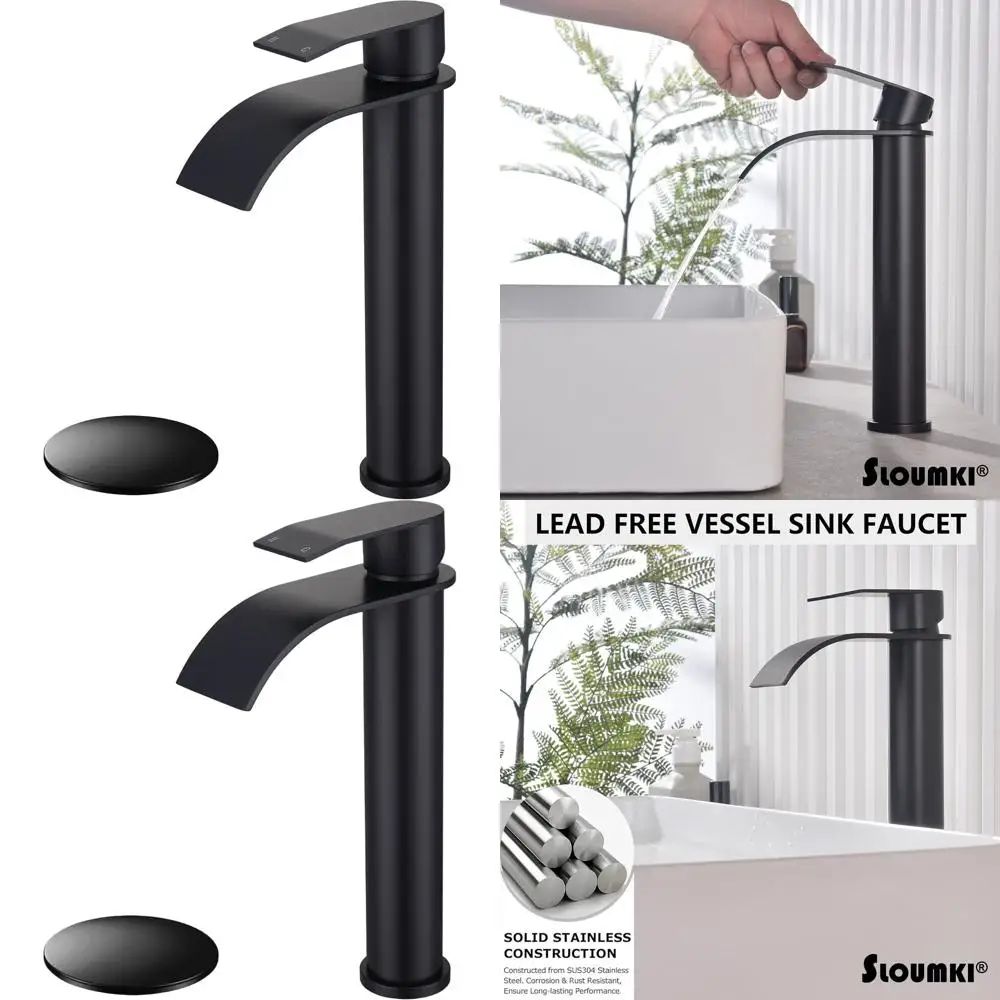 

Contemporary Matte Black Tall Single Handle Faucet for High Bathroom Sink with Waterfall Spout and Metal Drain