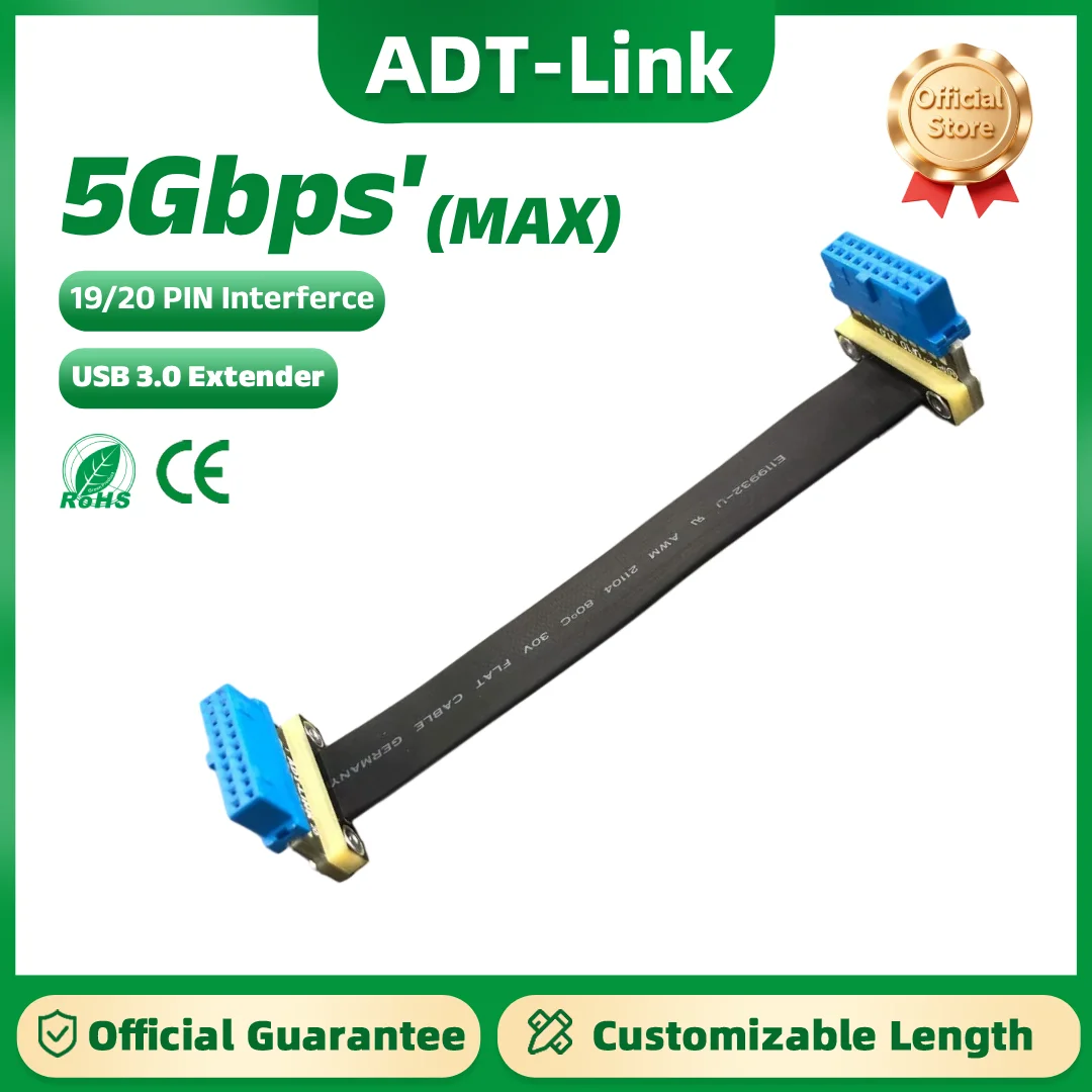 ADT-Link USB 3.0 Interface Extension Cable with 19P/20P  Front and Rear Angle Design With Screw Holes for Motherboard