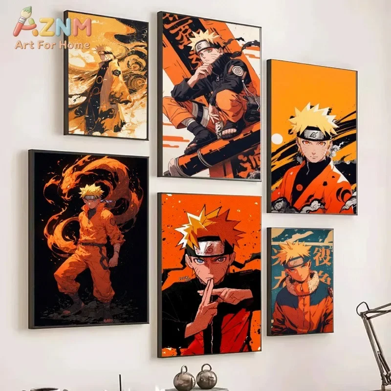 Naruto Canvas Wall Art Golden Swirl Ninja Hero Print Warm Tone Anime Character Picture For Teen Bedroom Decor Unframed