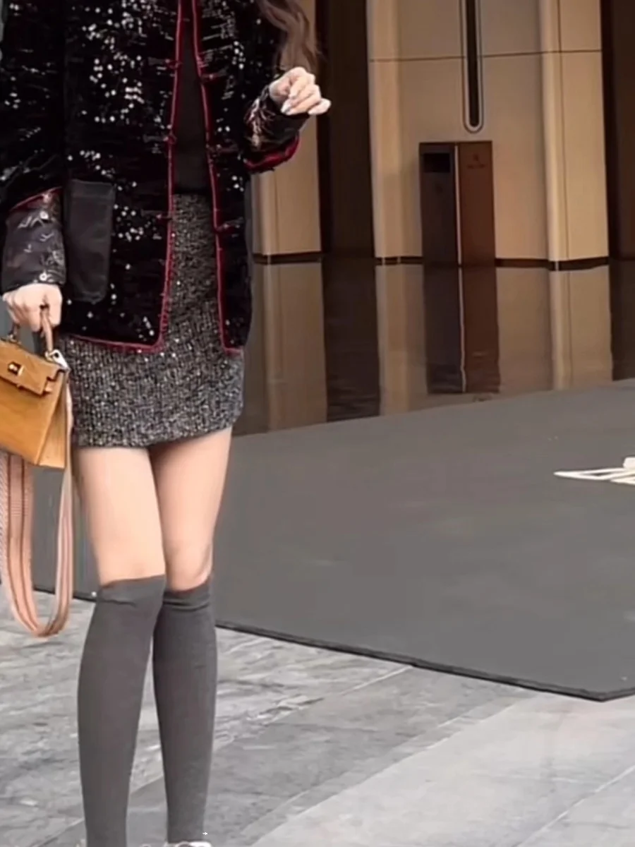 

Fashionable Plaid Woolen Skirt Women's Autumn Winter Season Bright Thread Splicing Skirts A-Line Silhouette Other Material