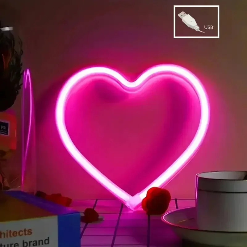 Luce notturna a LED a doppia alimentazione al neon a forma di cuore USB/a batteria romantica per l'arredamento della camera da letto di casa, regalo, illuminazione per feste portatile