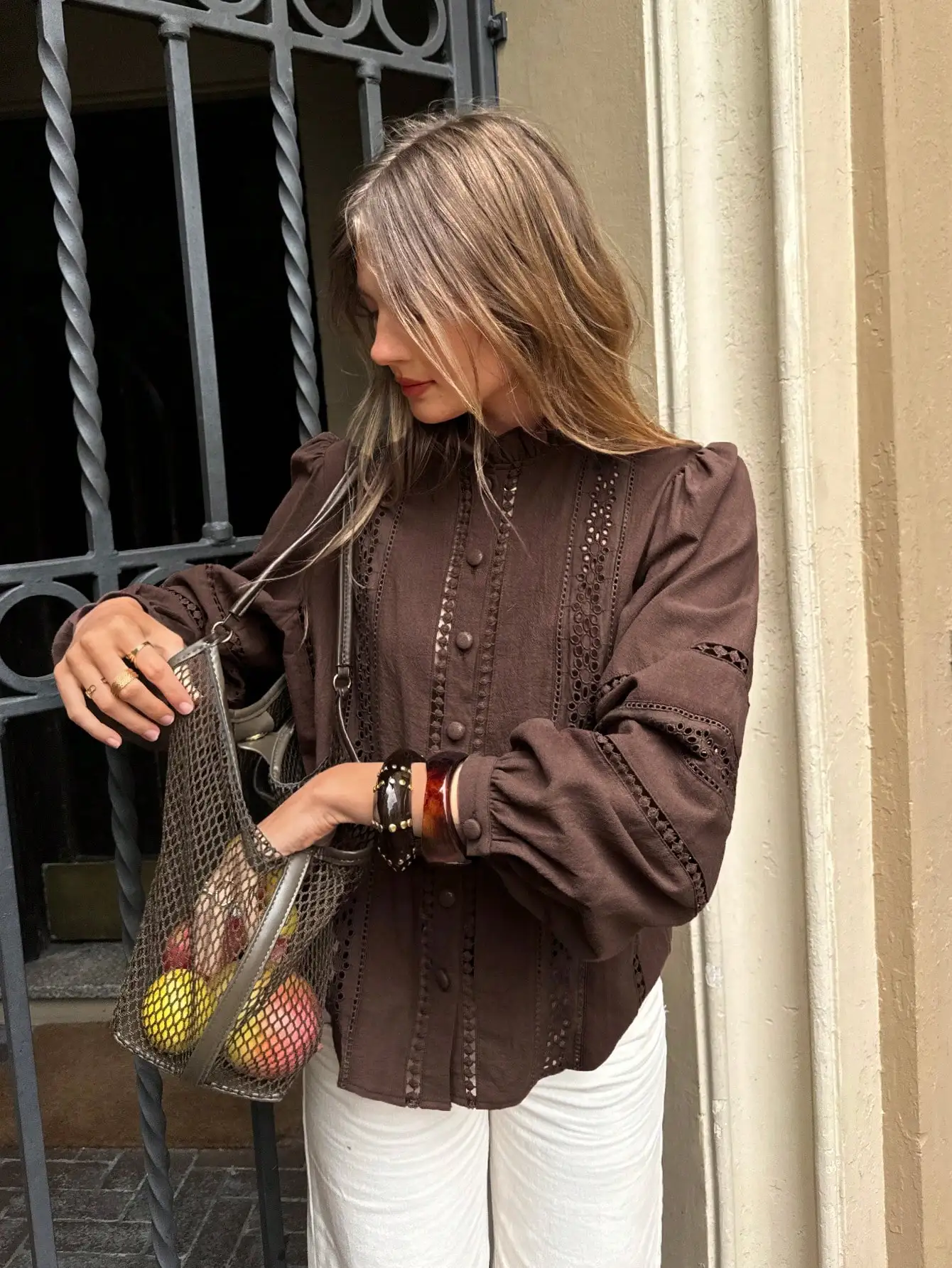 

Brown Women's Casual Cotton Blouse With Eyelet Embroidery And Ruffled Collar