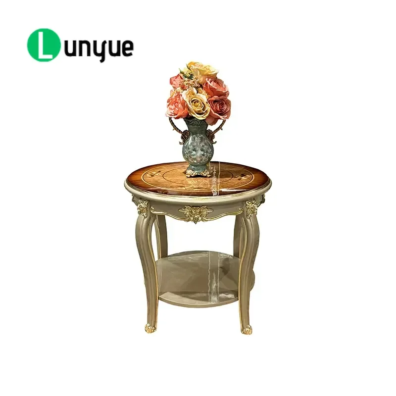 French Solid Wood Small Coffee Table European Luxury Carved Champagne Gold Side Table for Living Room Bedroom Phone