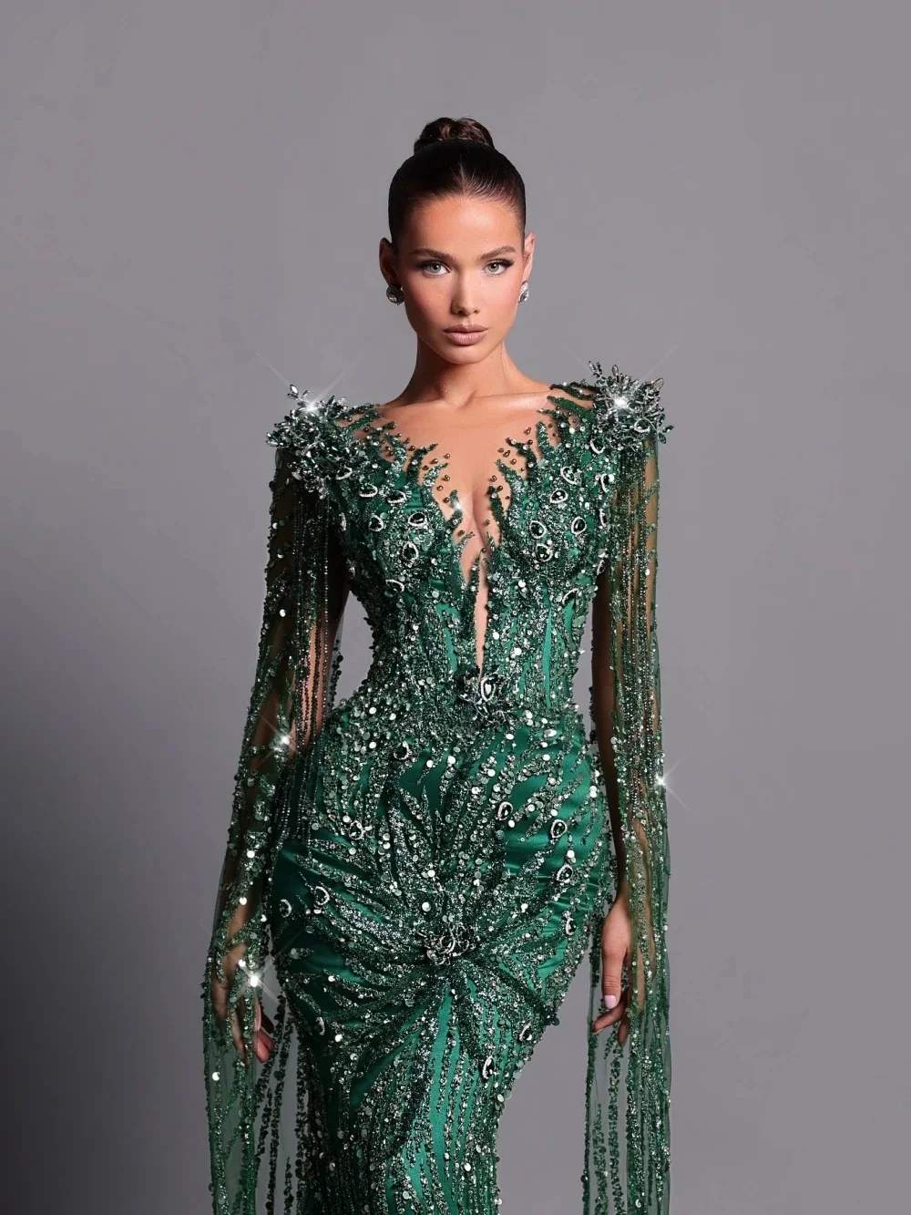 Wykwintne Kryształowe Sukienki Wieczorowe Sukienki Balowe z Cekinami i Piórami Sukienki na Imprezę Syrenka z Długimi Rękawami i Dekoltem w Serek Vestidos De Noche