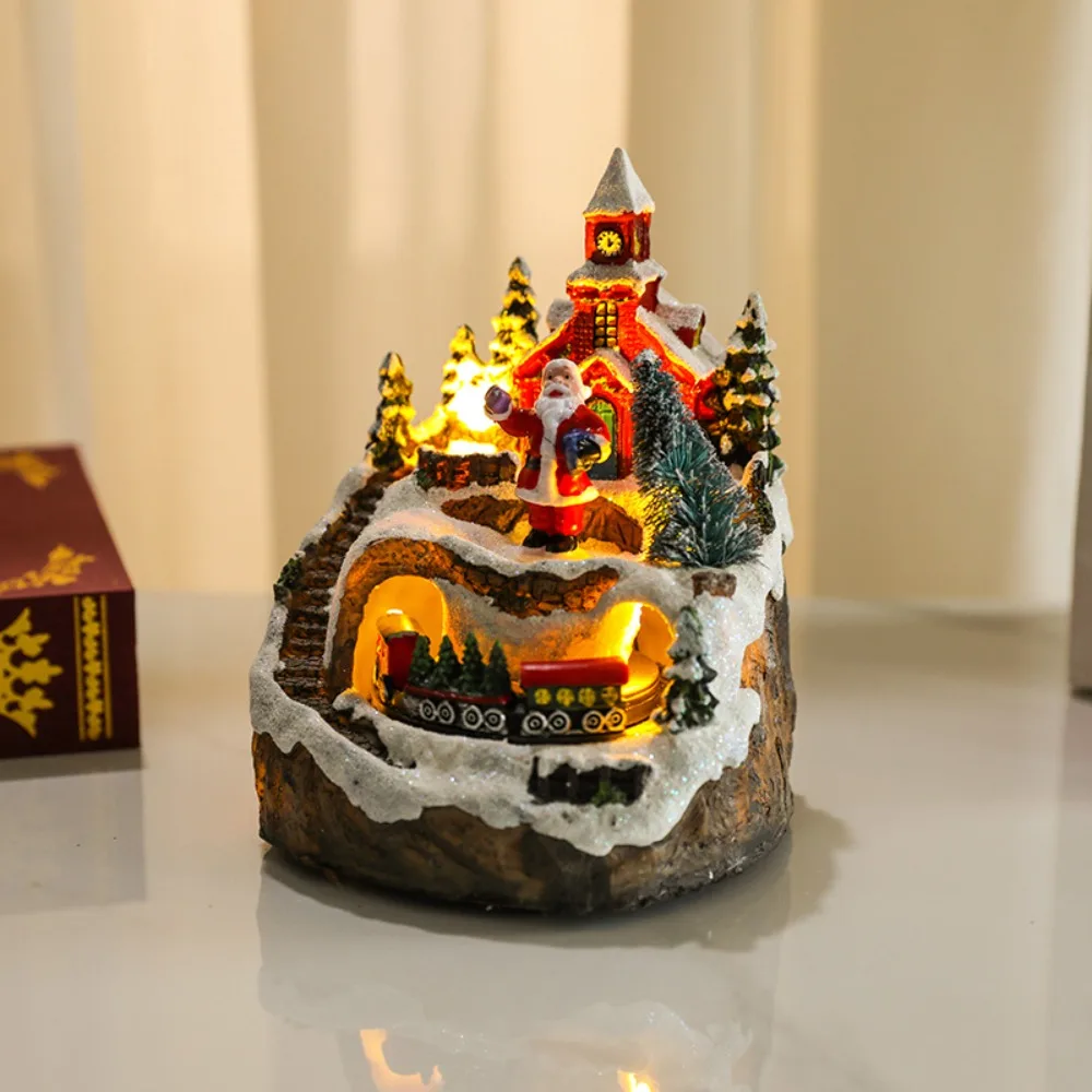 

Funny Resin Christmas Village Houses Santa Claus Snow View New Year Micro Landscape LED Light Craft Xmas Ornament Desktop Decor