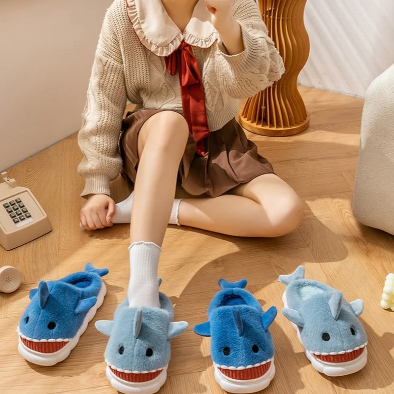 Casual Fluffy Slippers Cartoon Shark Home Flats Cute Cartoon Designer Shoes Fashion Winter Platform Slipper House Warm Footwear