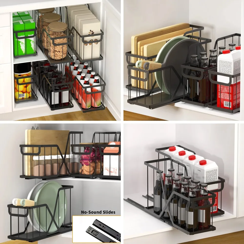 

2-Pack Pull-Out Narrow Cabinet Basket Organizer with Rails for Kitchen, Bathroom Storage