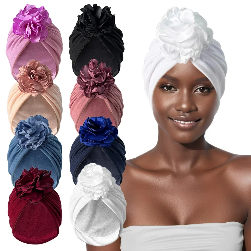 Gorro turbante musulmán para mujer, gorro Hijab indio, envoltura para la cabeza, bandas elásticas para el cabello con flores grandes, gorro, accesorios para el cabello para mujer y niña