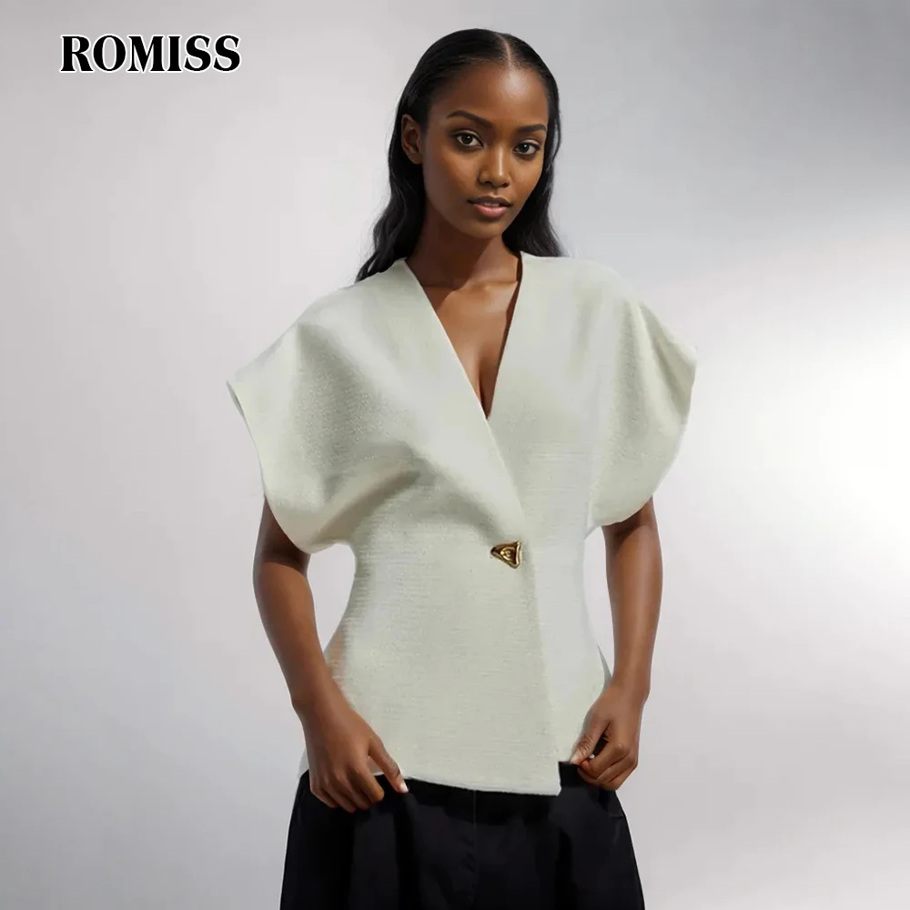 

ROMISS Oversize Solid Coats For Women V Neck Short Sleeve Patchwork Golden Button Summer Pullover Fashion Waistcoat Female New