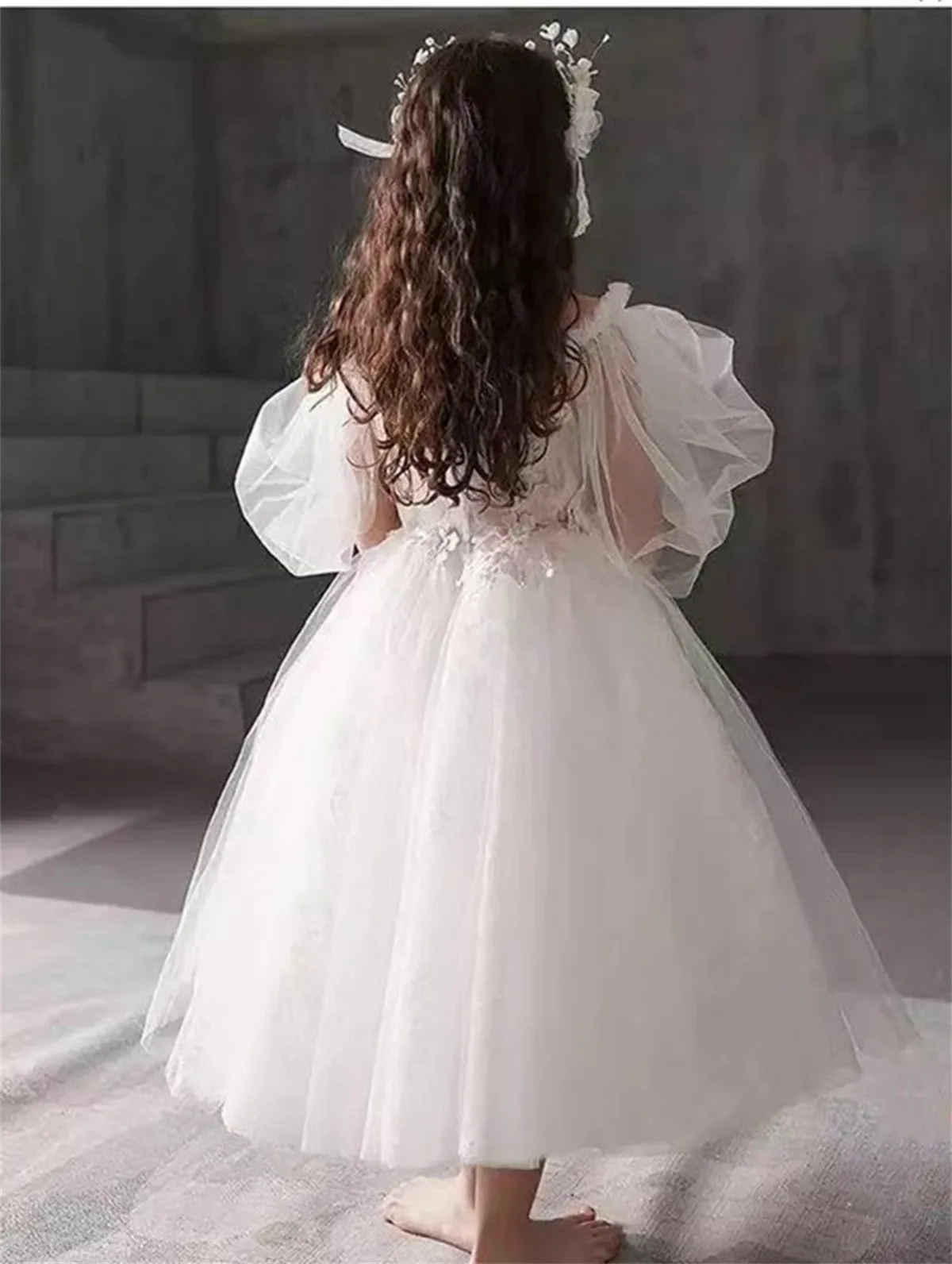 White Tulle  Flower Girl Dress Wedding Off Shoulder Lantern Sleeve Cute Little Child First Supper Evening Dress Ball Gowns