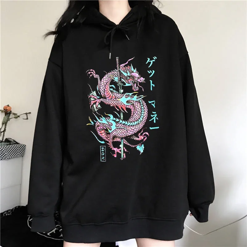 

Dragon Print Hoodies Women Harajuku Letter Fashion Long Sleeved Clothing Vintage Ulzzang Casual Oversized Hooded Sweatshirt Tops