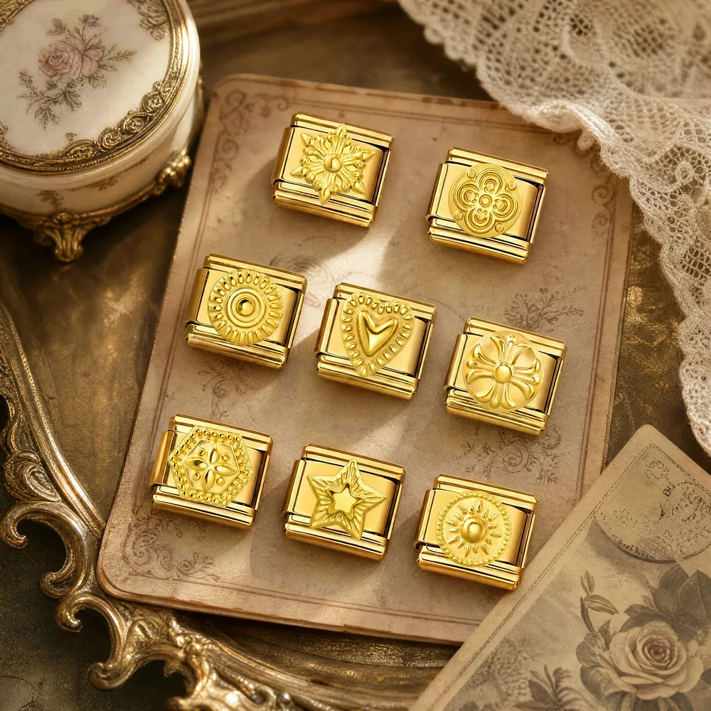 Vintage Blumen-Herz-Stern-Sonne Gravierte Vergoldete Edelstahl-Schmuckteile Italienischer Charm-Link 9mm Armband-Zubehör – Detail 3