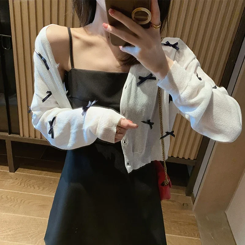 Autumn Women Knitted Coat Bow Decoration Long-sleeved Slim Sunscreen Jacket Ladies Breathable Sweet Cardigan