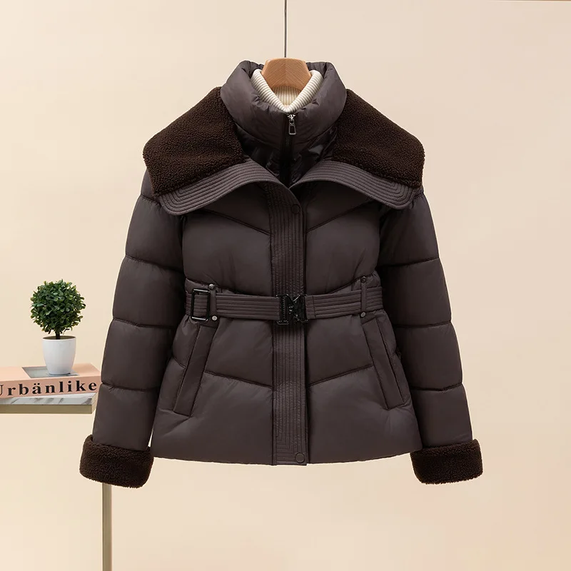 

European Style Double Layer Collar Down Cotton Jacket Women Winter New Fashion Warm Belt Slimming Cotton Coat Outerwear