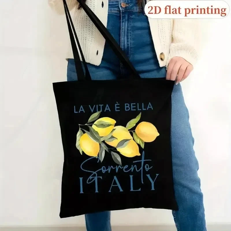 Lemon Pattern Single Shoulder Leaf Lemon Fresh Women's Lightweight Foldable Large Capacity Tote Bag Canvas Bag image 2