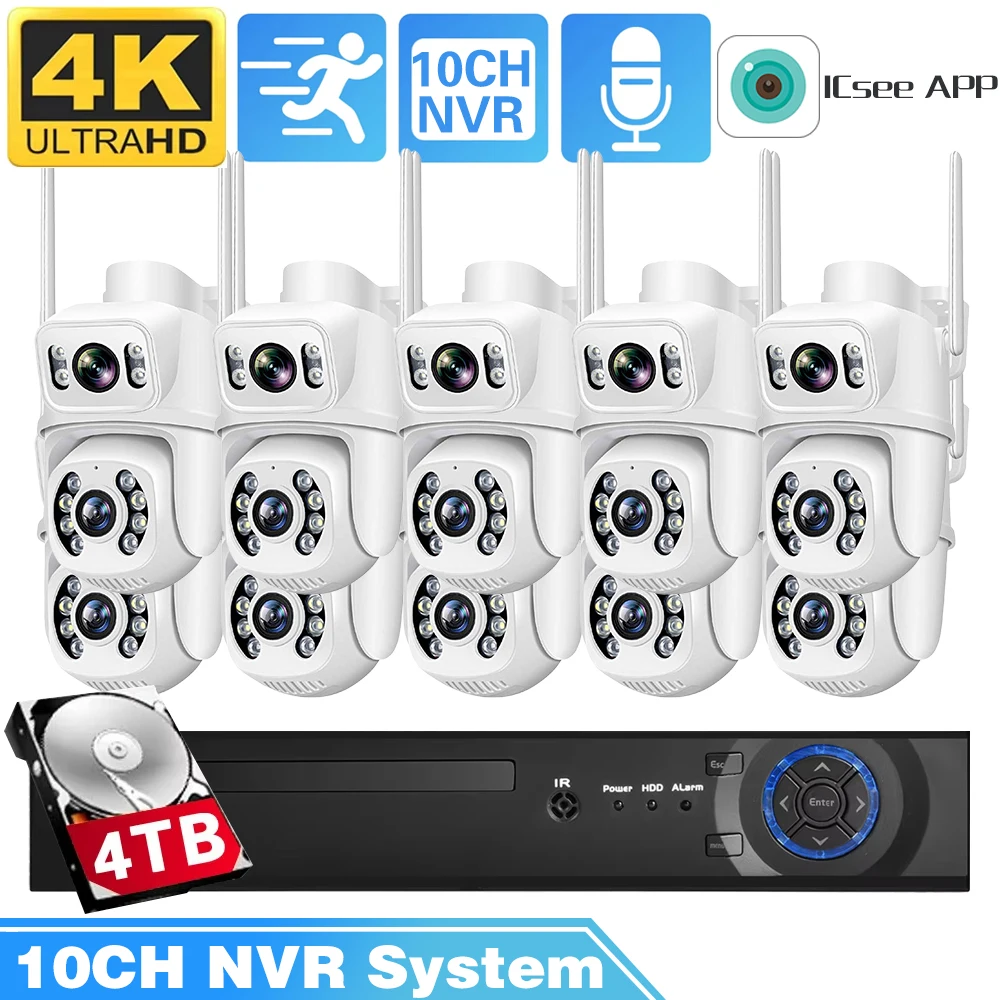 

4K Беспроводная PTZ-камера с двумя объективами Система сигнализации Secutrity Home WIFI ICSee 2Audio IP-камера с обнаружением движения Работа 8MP 10CH POE NVR Комплект
