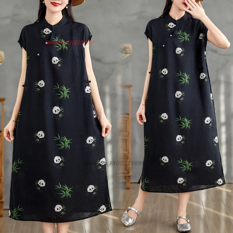 

2024 chinese improved qipao vintage dress cheongsam national flower print a-line qipao oriental traditional folk a-line dress