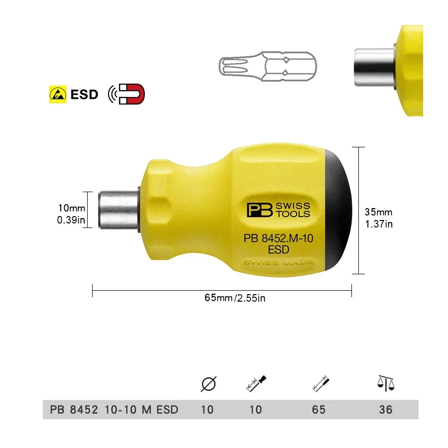 PB 8452 10-10 M ESD SWISS TOOLS Swiss Grip Stubby Bit Holder with Magnet ESD 65mm  tools set