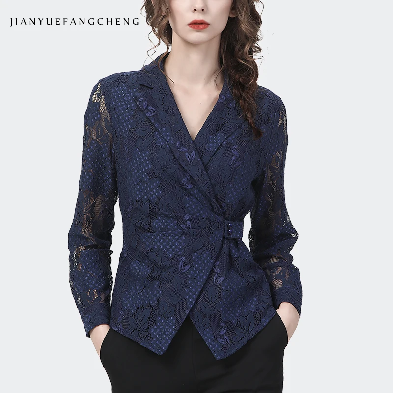 Vintage Floral Women Lace Shirt Long Sleeve V-neck Hollow Out Tops Elegant Slim Ladies Spring Summer Casual Working Shirts