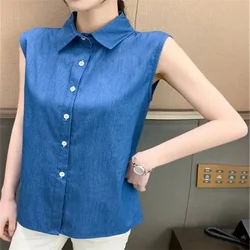 Cotton Blouses Women Shirt Sleeveless Top For Woman Laple Button Up Lady Tank Shirt Fashion Summer Clothes Leisure Female Shirt