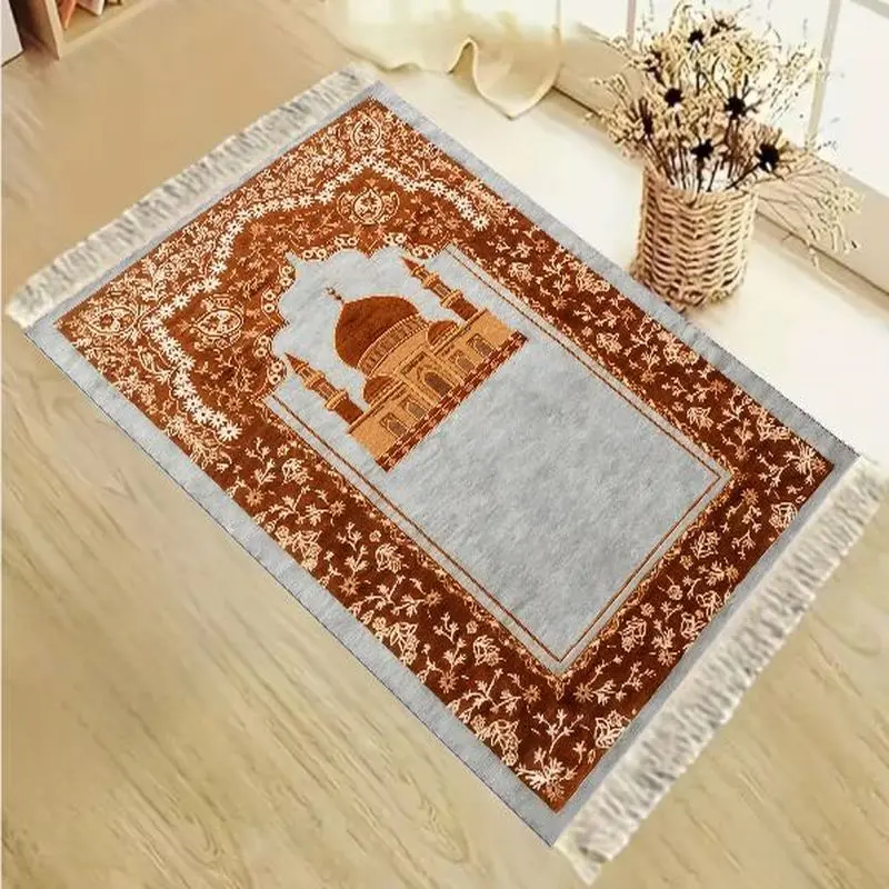 VIKAMA Velvet Islamic Salat Mat Vintage Blue Floral Mosque Arches Pattern Portable Anti Slip Prayer Rug Eid Home Decor Gift