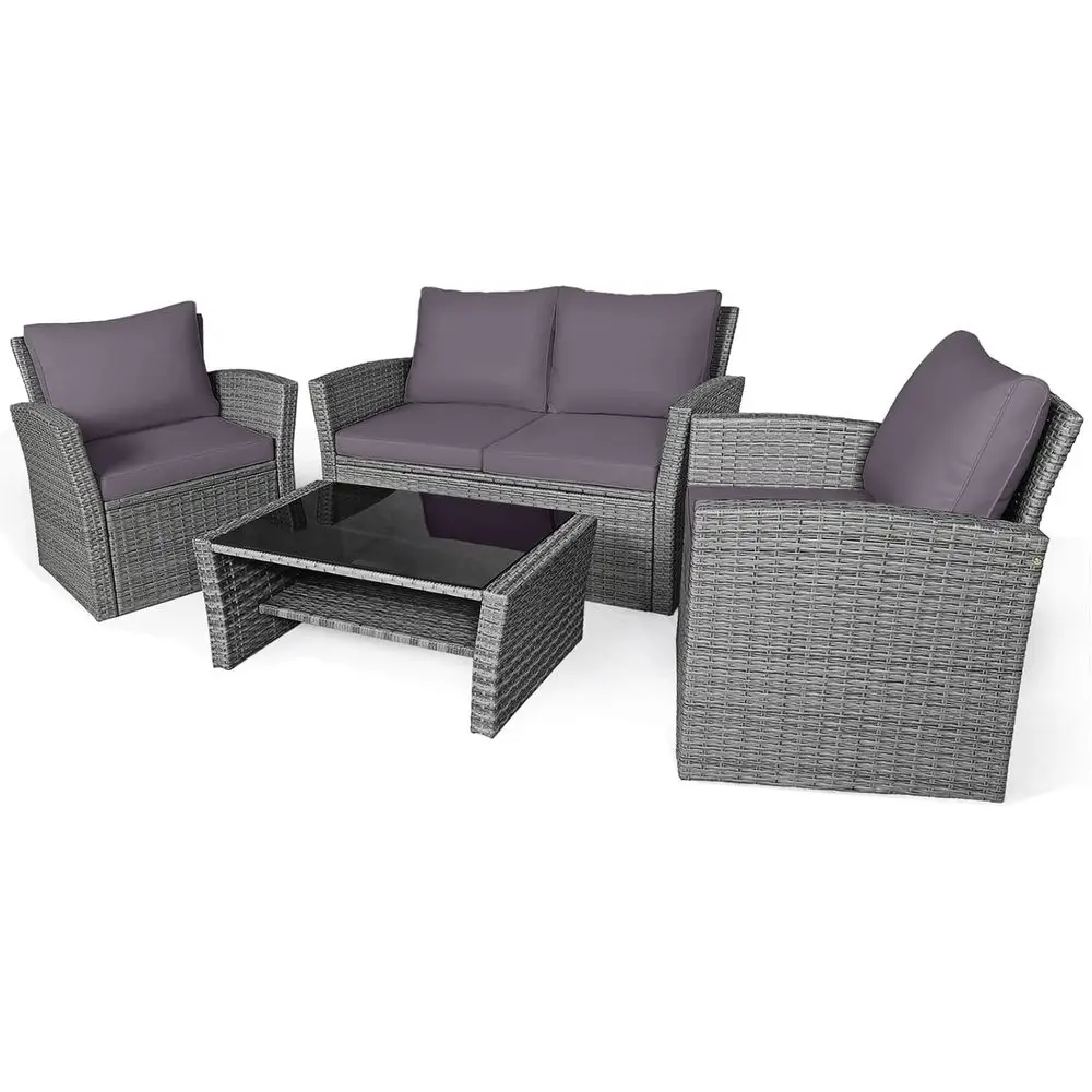 All-Weather Outdoor Sectional Rattan Sofa Set with Cushions and Tempered Glass Table for Patio, Garden, and Poolside