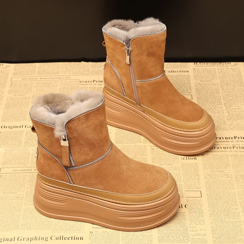 9cm 2024 Women's Thick Bottom Snow Boots Short Boots with Plush and Height Increase Slip-Resistant Warm Shoes