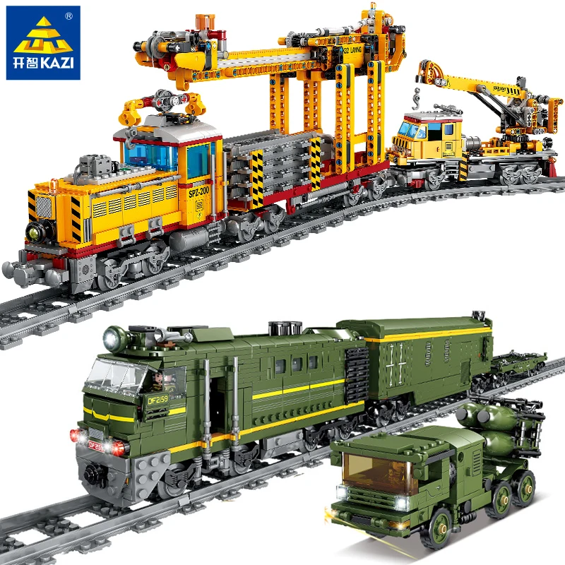 Electric military Armoured train track building block transport armored car children's assembled brick toy birthday gift