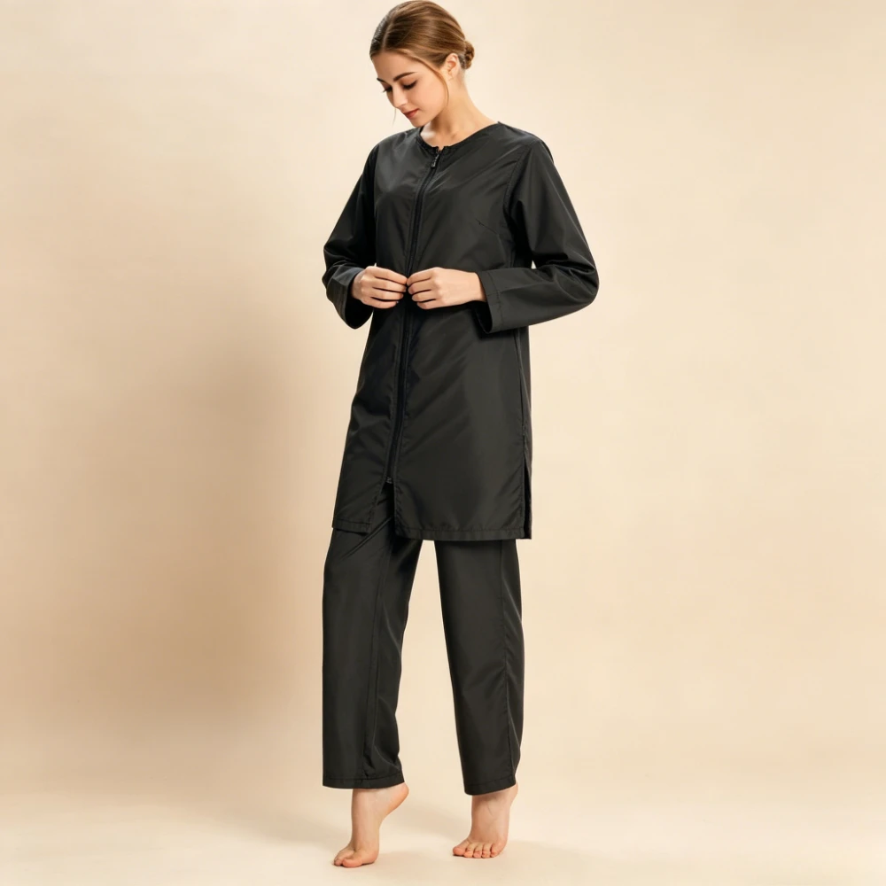Modest Muslim Swimsuit for Women, Full Coverage Burkini 2-Piece, Long Sleeve Zip Up Swimwear, Islamic Conservative Bathing Suit