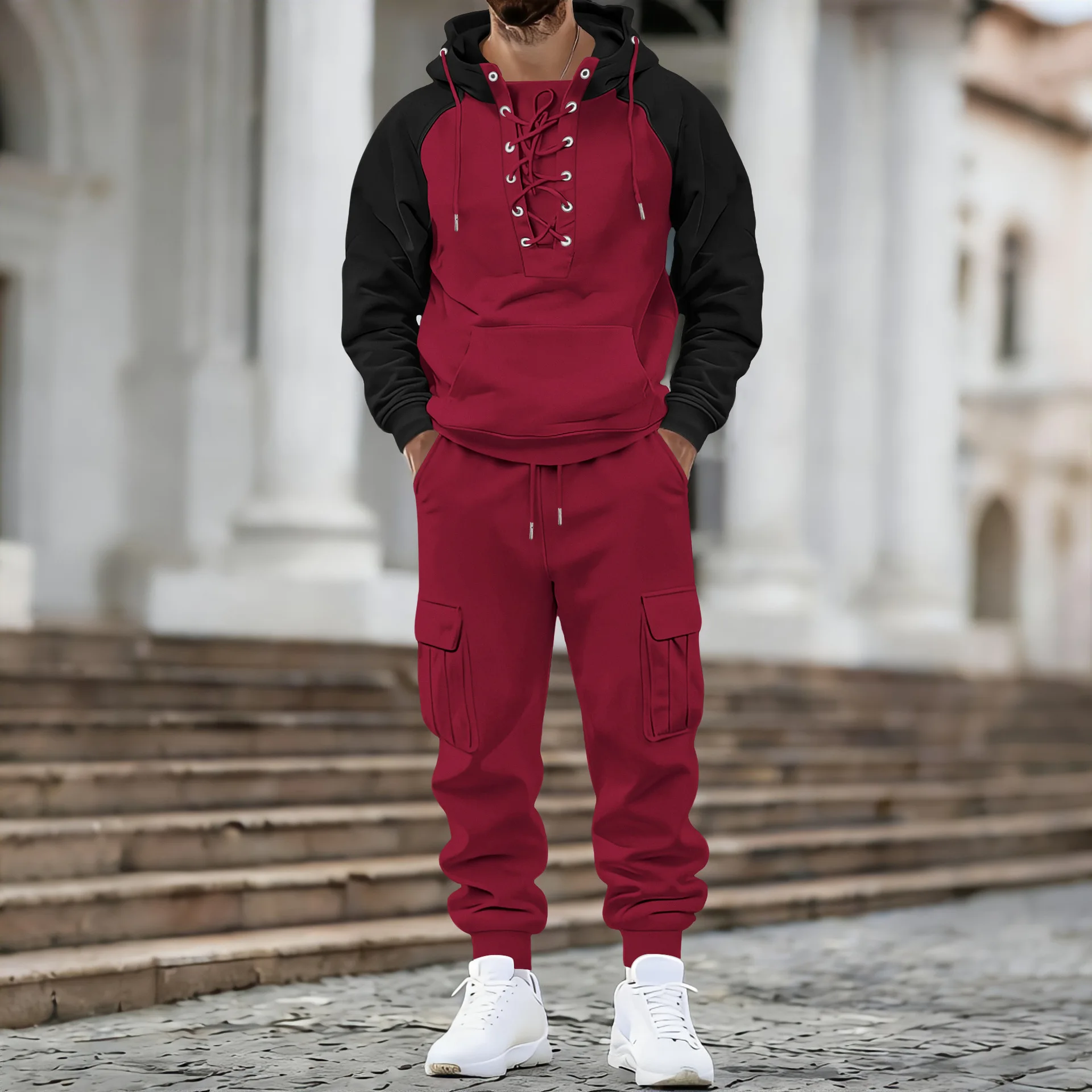 Herren Amerikanischer Oversize-Anzug mit Samtfutter Zweiteiliger Anzug mit Mehreren Taschen Arbeitskleidung Locker Sitzender Langarm-Oberteil und Hose Lässige Outdoor-Bekleidung – Detail 4