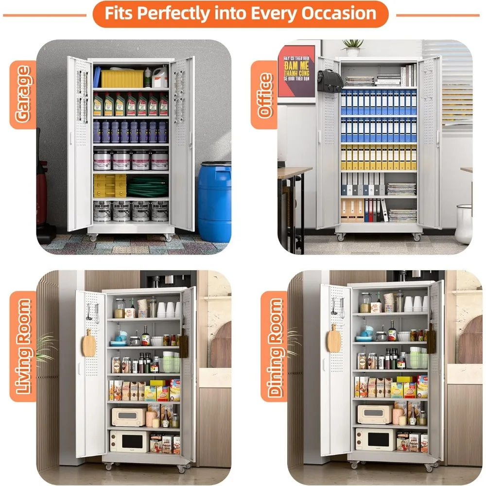 Металлический шкаф для хранения на колесах, 71 Г x 32 Вт x 16D, 5 регулируемых полок, 4 крючка, стальной органайзер для гаража