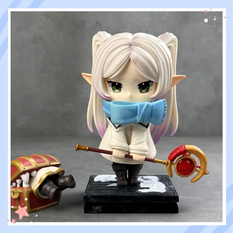 

Q Version Frieren Winter Anime Figure Magic Elf Girl Collectible Model Desktop Decoration With Staff And Treasure Chest Figurine