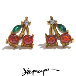Yhpup Red Cubic Zirconia Cherry Fruit Stud Earrings for Women Stainless Steel Casting Jewelry Waterproof Accessories