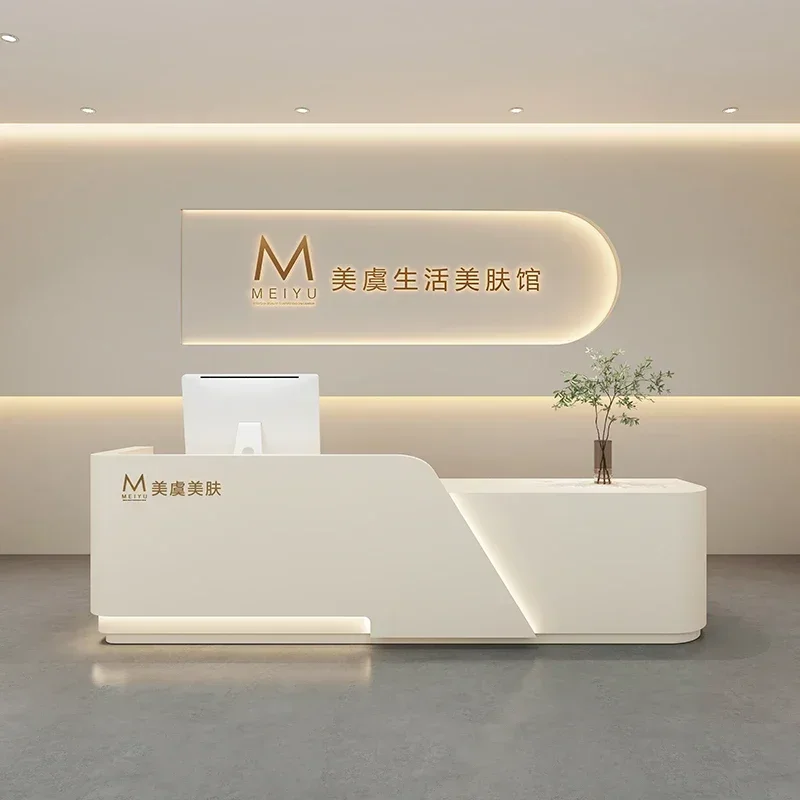 Tempered Glass Desk Reception Modern Checkout Counter Supermarket Curved Minimalist Church Pulpito Escritorio Front Table