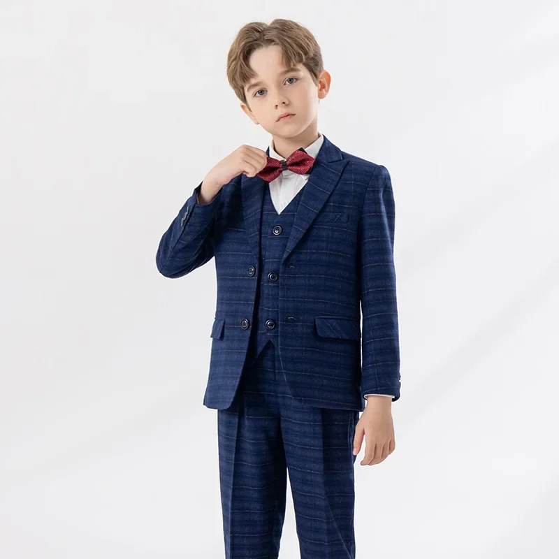 Boys Blue Slim Fit Suits Formal Wear Children Teenagers Groomsman Performance Host Clothes Kids Plaid Students Party Full Dress