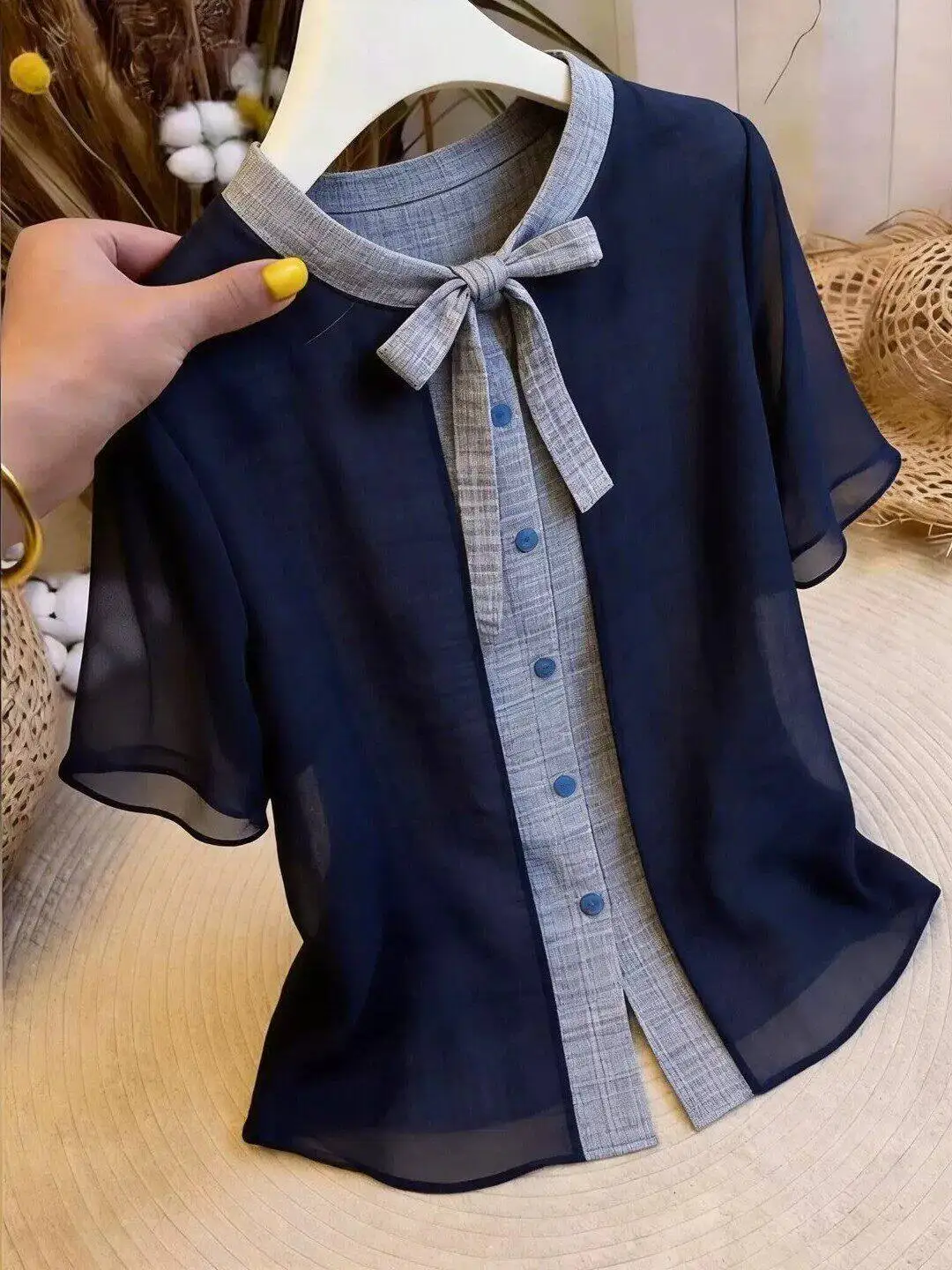 

Summer New Style Korean Blue Short Sleeve Shirt Women's Commute Knot Tied Shirt Fashionable Versatile Anti-aging