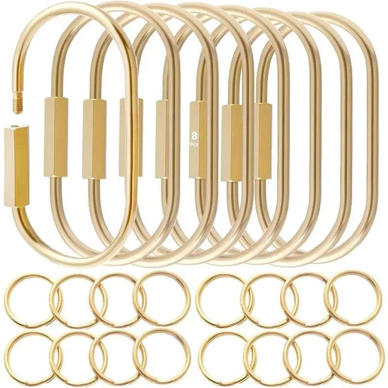 AWAH Security Screw Lock Brass Locking Carabiner Key Ring, 8 Pcs Gold Carabiner Keychain With 16 O-Rings, Charm Holder