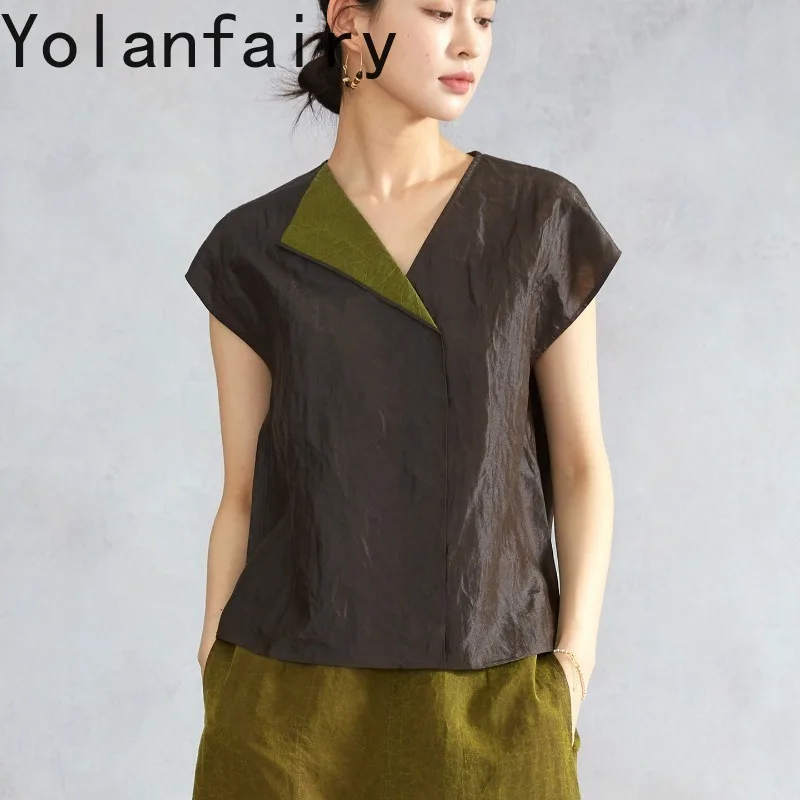 YOLANFAIRY Gambiered 100%Mulberry T Shirts Woman Crack Texture V Neck Short Sleeve Reversible Womens Tops Blouse Tee Shirt Femme