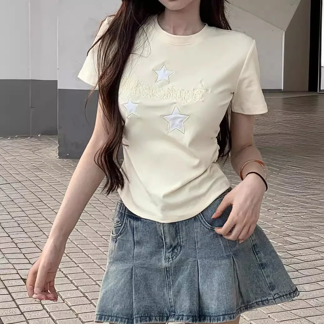 Original Star Embroidery Korean Sle ort Sve round Ne T-irt Women's Faion Summer New ort Waist-Cinching Top