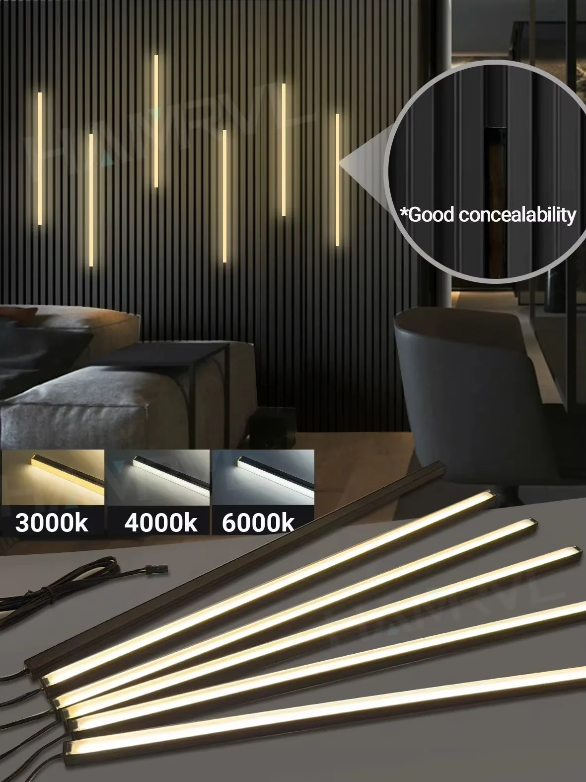 LED-Einbauleuchten-Set für Wandpaneele – Selbstklebende Wandstreifenleuchten für die Innenwanddekoration, Holzlamellen, Küche, Zuhause, Treppen, Kleiderschrank, Vitrine, Figurenvitrine, Schwarz, 50