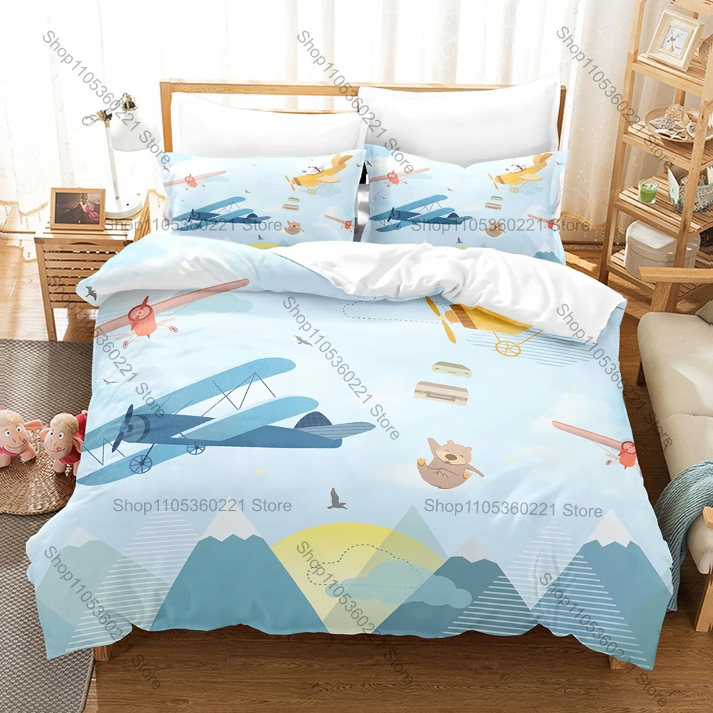 Cute Cartoon Airplane Printed 3PCS Bedding Set, Fun Aviation Design Duvet Cover & Pillow Shams for Bedroom Dorm Room Decoration