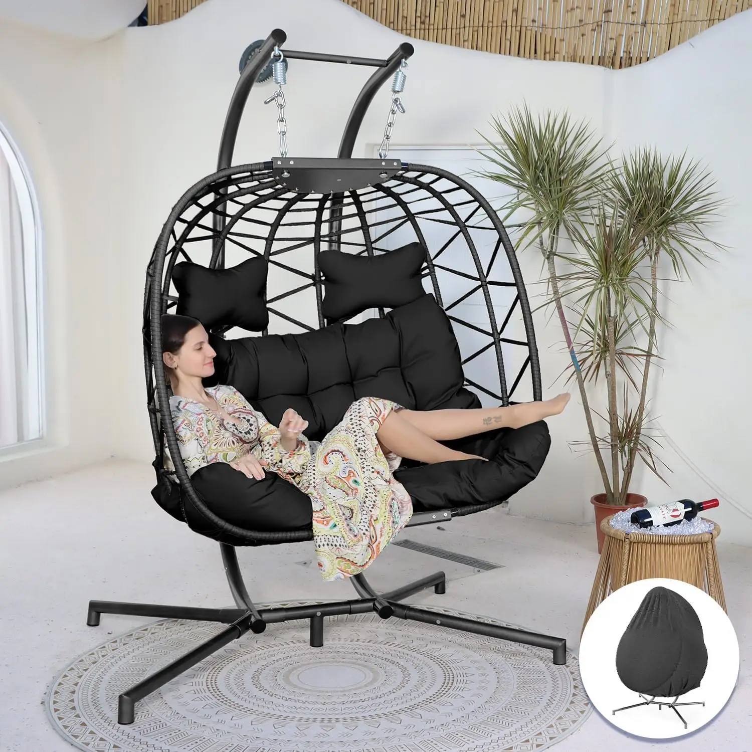 Double Egg Chair Oversized 2 Person Patio Swing Chair with Stand, Indoor Outdoor Large PE Wicker Egg Shaped Hanging