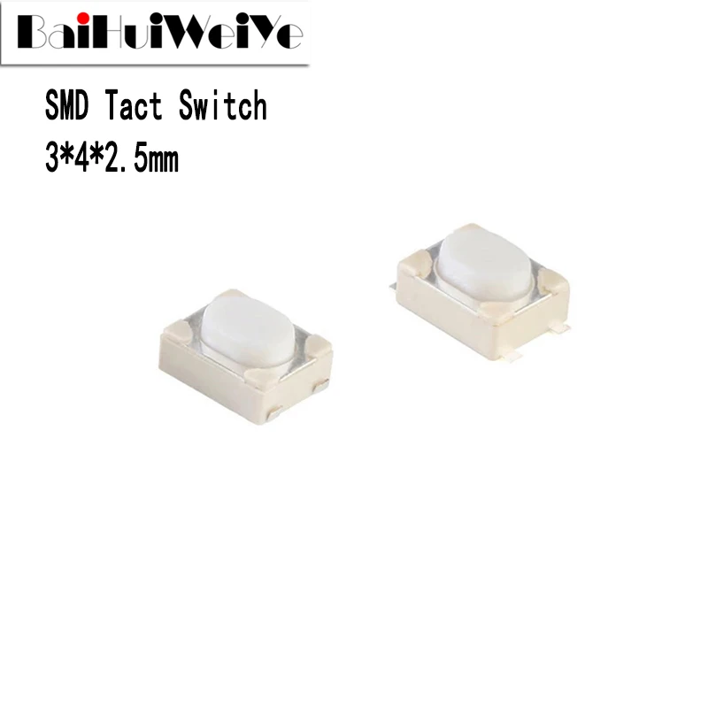 50PCS 3*4*2.5mm SMD Tact Switch 4 Pin Touch Micro Switch Push Button Switches 3x4x2.5H White Button Car Remote Key Button B