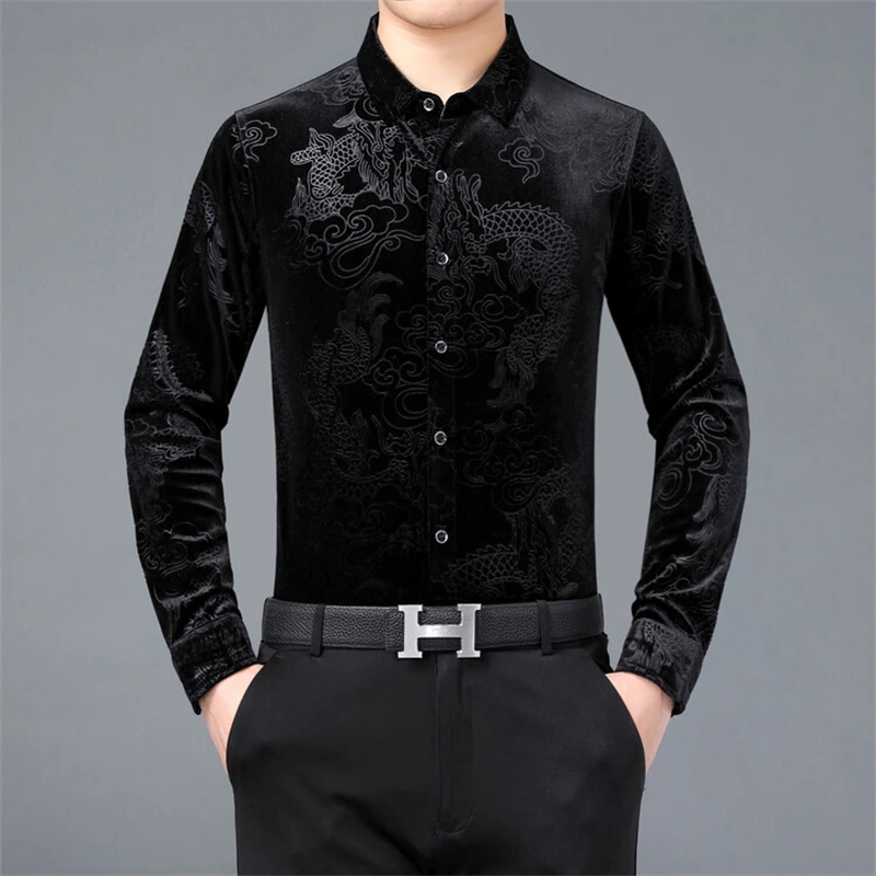 Creative Golden Yellow Dragon Shirts For Men Long Sleeved Casual Autumn High Quality Smooth Comfortable Velour Camisas De Hombre