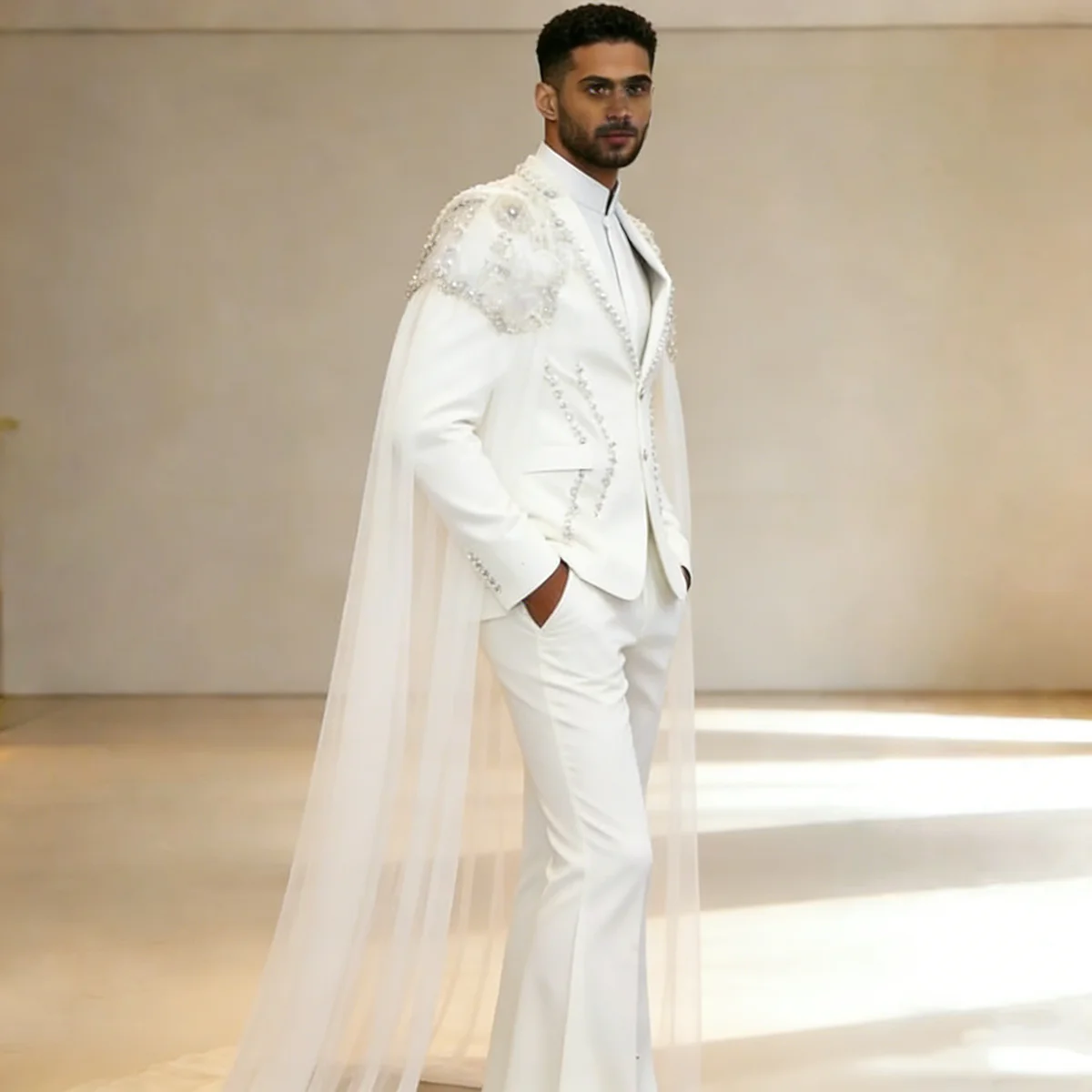 Luxury Beaded Tulle Cape Men Wedding Tuxedo Suits 2 Pieces Customized Tailored Groom Suits Prom Party Suits Male Clothing