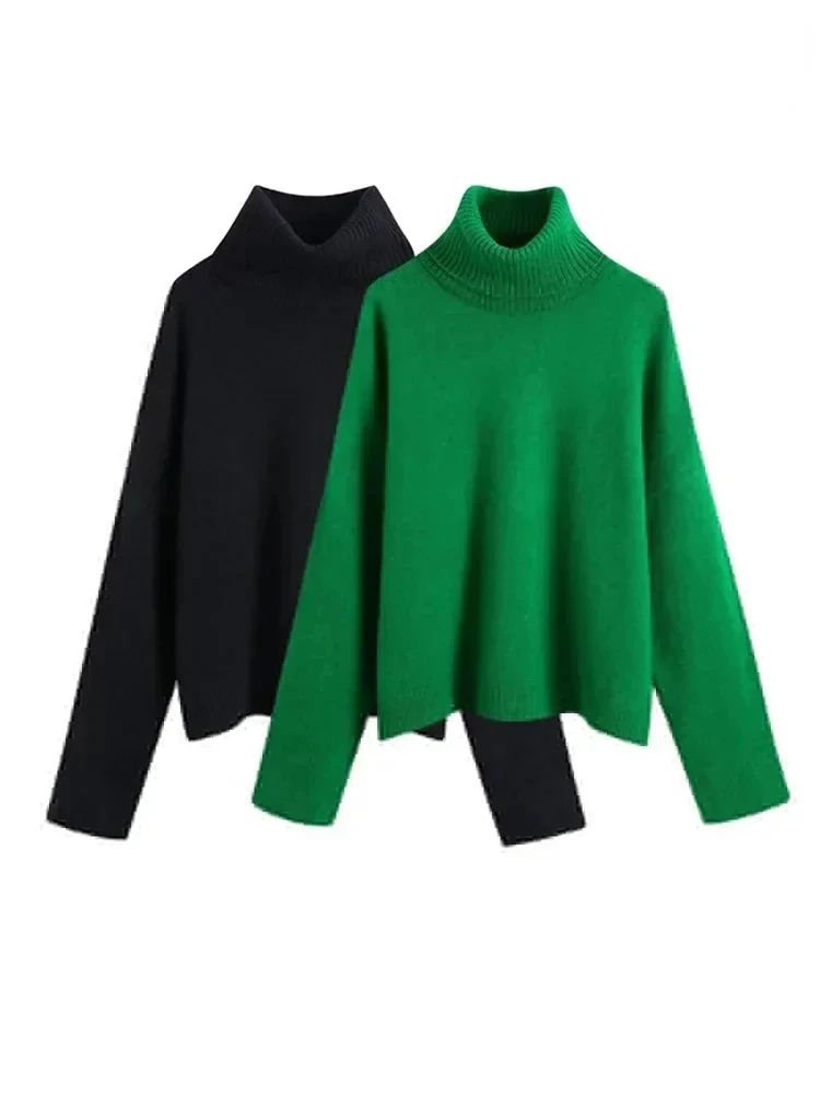 Women Fashion With Ribbed Trim Loose Knit Sweater Vintage High Neck Long Sleeve Female Pullovers Chic Tops